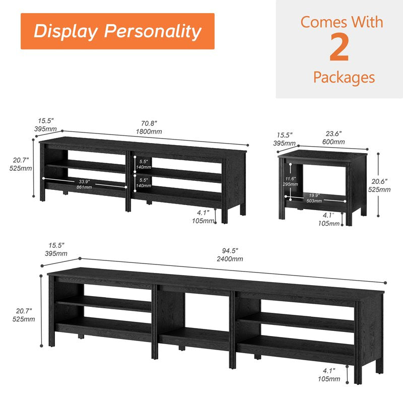 Black Wood TV Stand for 90 Inch TVs - Entertainment Center with Open Shelves