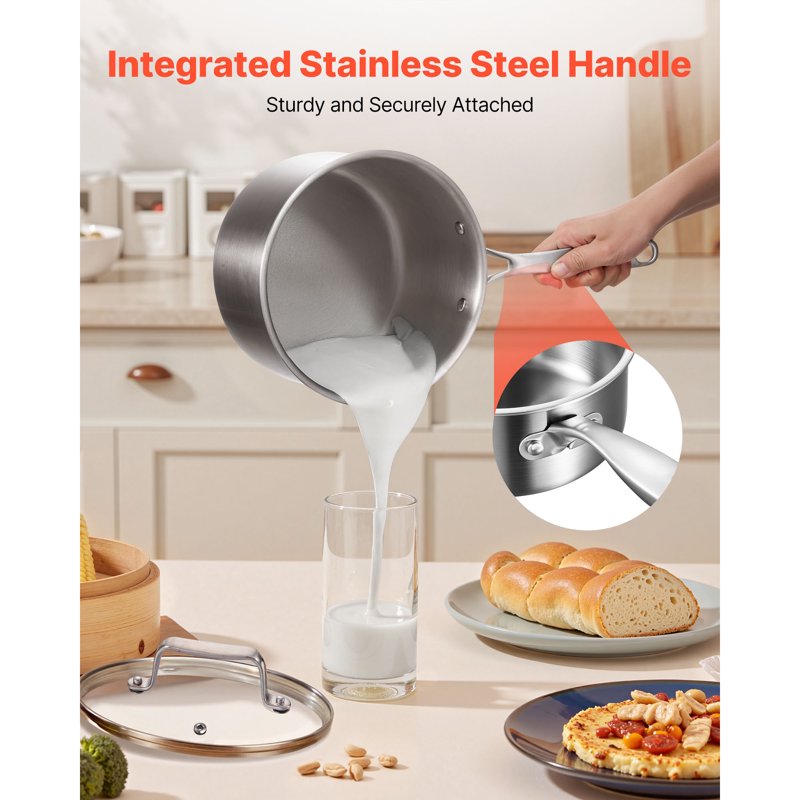 4 QT Stainless Steel Saucepan with Glass Lid - Induction & Oven Safe Pot