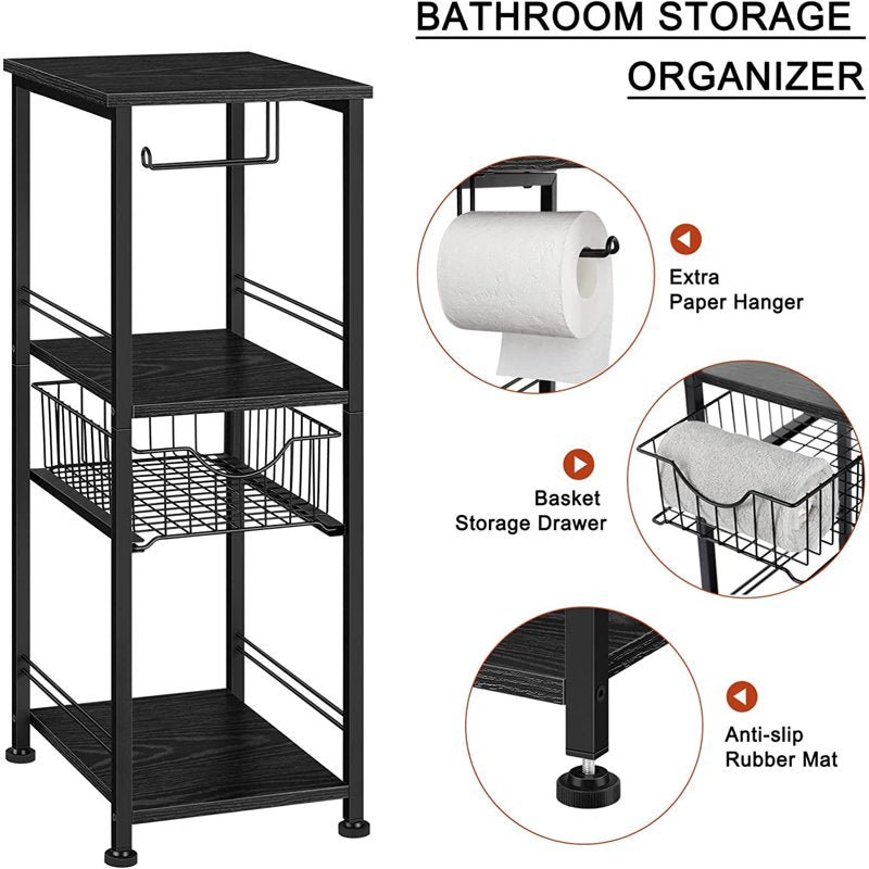 Black 3-Tier Freestanding Bathroom Shelf with Drawer and Toilet Paper Holder - Oumilen
