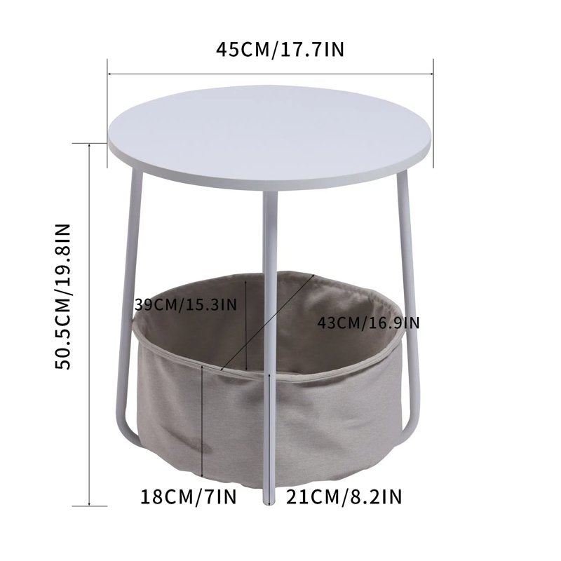 Round End Table with Storage Basket - White Accent Table