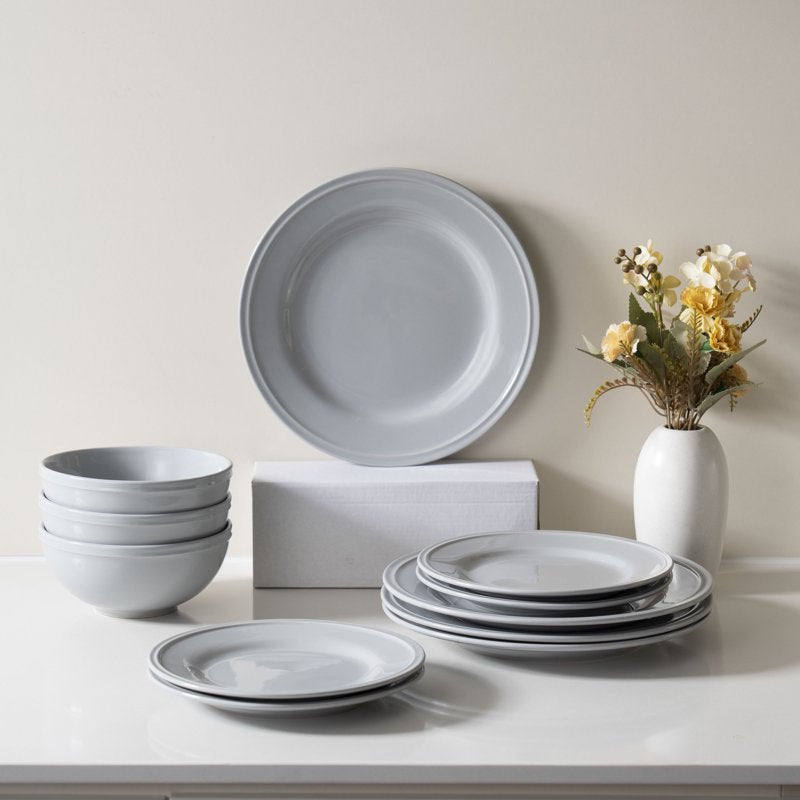12-Piece Stoneware Dinnerware Set - Round, Gray, Ribbed