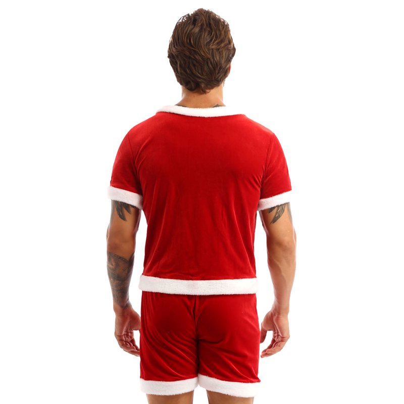 Men's Velvet Santa Costume Set - Short Sleeve Top & Elastic Waist Shorts, Red, Medium