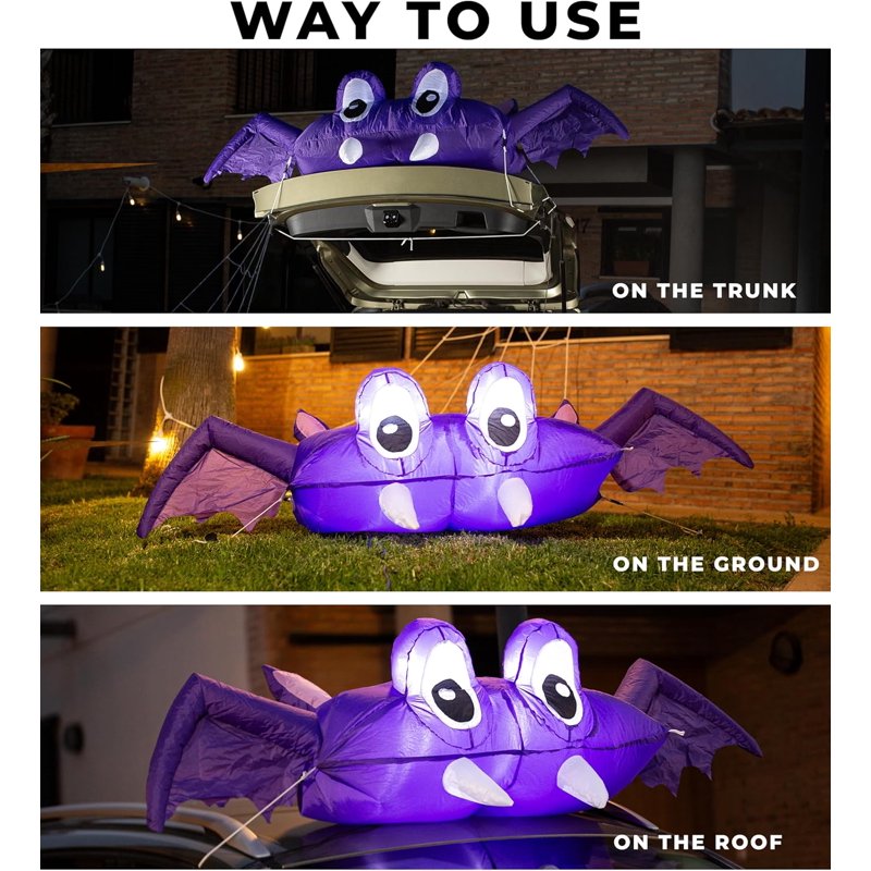Zone Tech 6 FT Inflatable Bat Car Trunk Decor with LEDs - 1-Pack Halloween Decoration