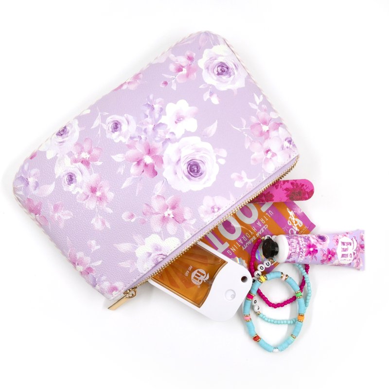 Purple Floral Large Zipper Pouch - Versatile Makeup & Travel Bag