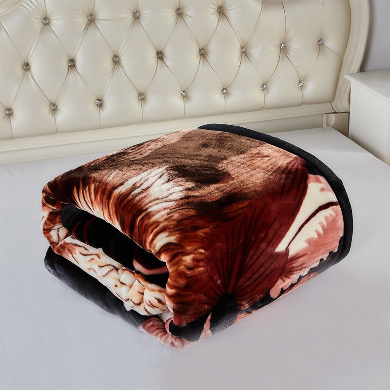 King Size Plush Wool Pattern Blanket - 2 Ply Thick Warm Bed Cover - Black & Brown Wolf Variation
