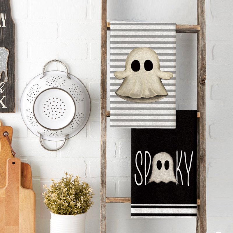 Halloween Kitchen Towels Set of 4 - Ghost Boo Bow Knot Black Stripes 18x26 Inches