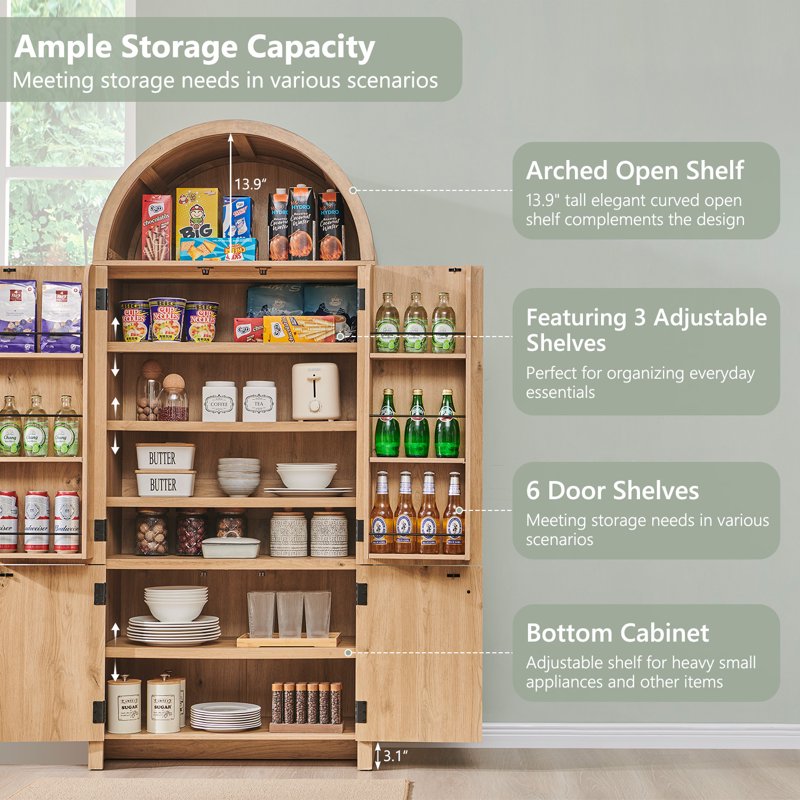 Modern Wavy Arched Pantry Storage Cabinet - Natural Fluted Wood, 71"