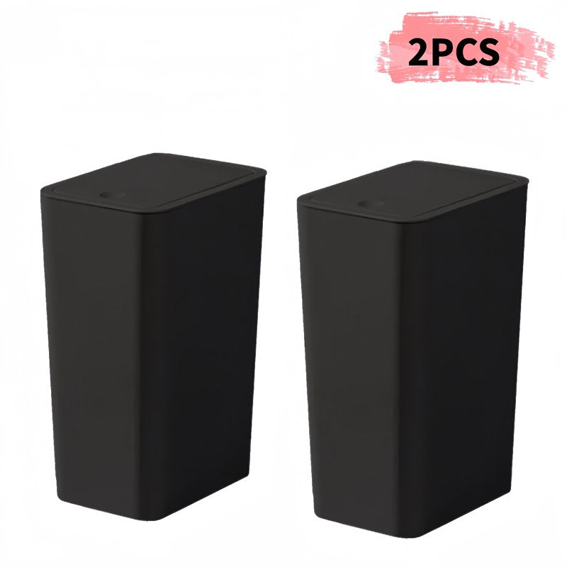 2 Pack Plastic Trash Can with Press Top Lid - Black, 2.6 Gal