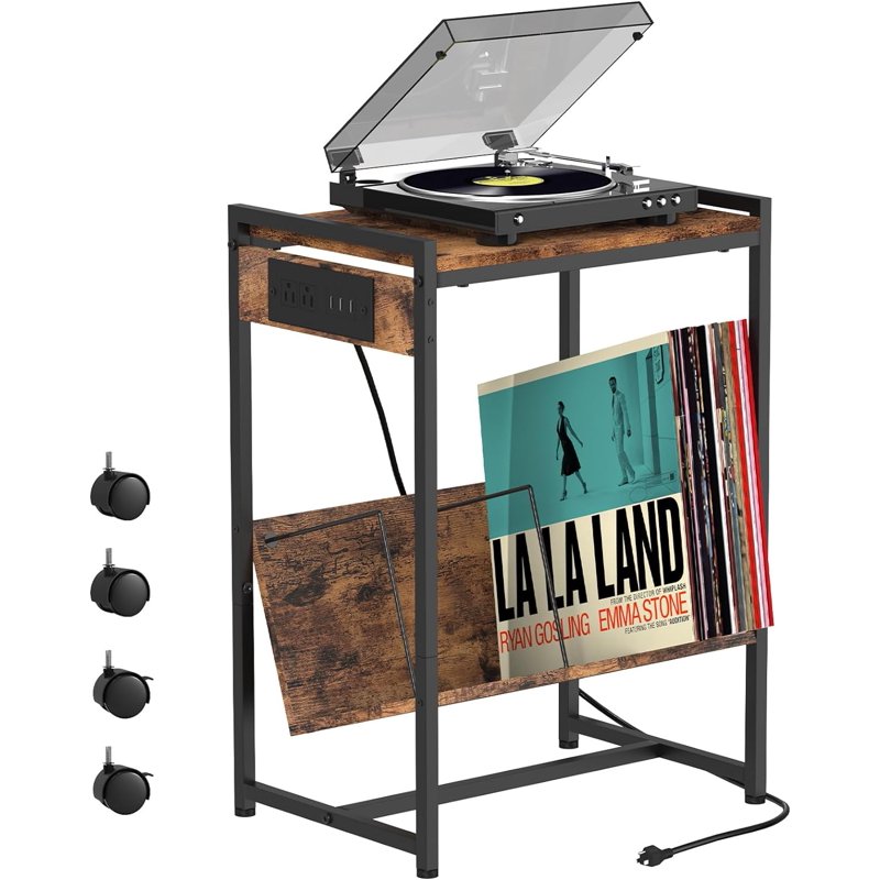 2-Tier End Table with Charging Station & Vinyl Album Storage