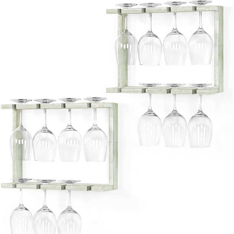 2-Tier Wall Mounted Wood Wine Glass Holder Rack - Gray Green