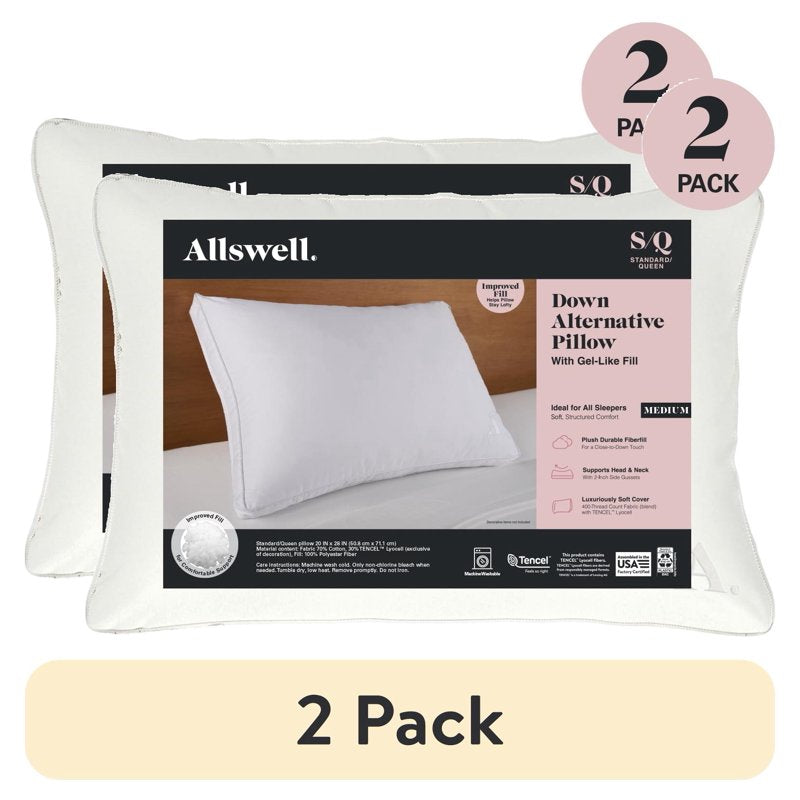 (4 Pack) Allswell Down Alternative Bed Pillows - Standard/Queen, Medium Firmness, Support for All Positions