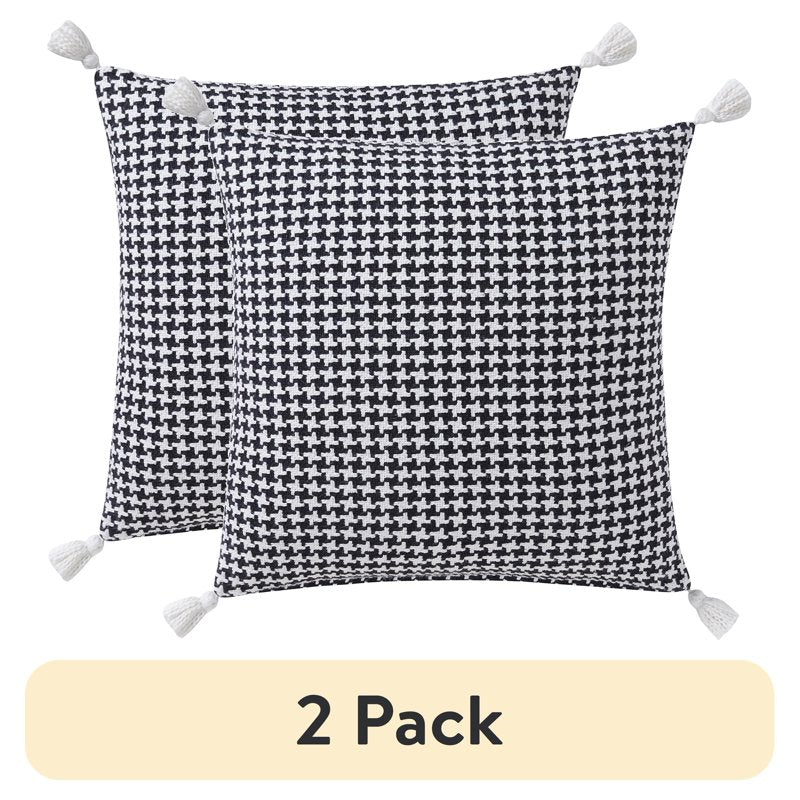 (2 Pack) Black and White Houndstooth Cotton Decorative Pillow with Tassels - 22x22