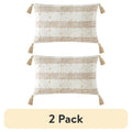 Oblong Decorative Pillow 14x24in Beige Plaid Cotton with Poly Fill - 2 Pack