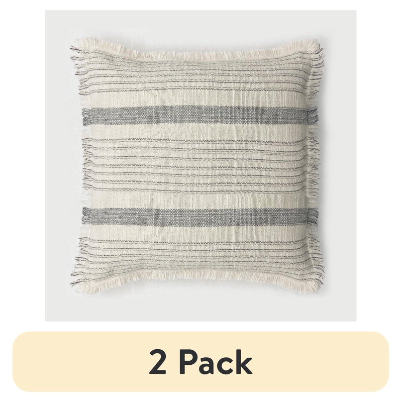 (2 Pack) Gray Striped Fringe Decorative Throw Pillow - 20x20 inch Cotton Cover, Plush Polyester Fill, Indoor Use - Variation of THIS listing 2