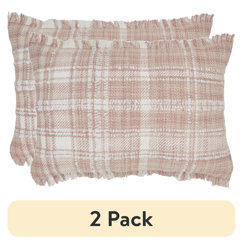 Blush Plaid Cotton Rich Decorative Pillow 14x20 Inches - Set of 2
