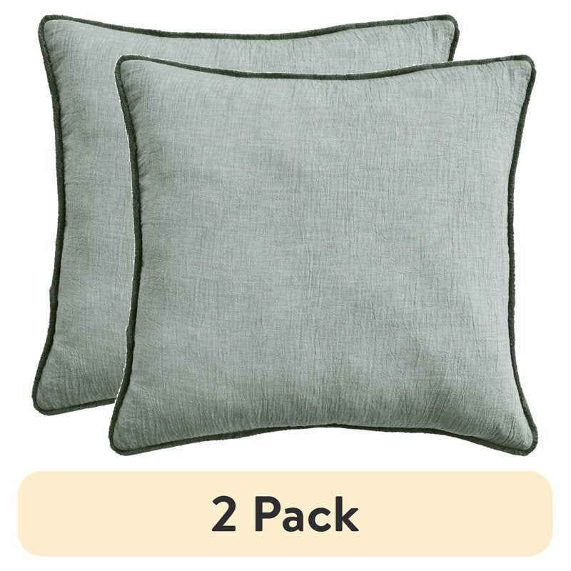 Dark Cilantro Green Cotton Gauze Fringe Throw Pillow - 22x22 Inches, 2 Pack