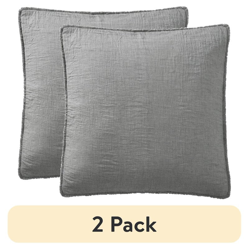 Gray Cotton Gauze Fringe Decorative Throw Pillow 22x22 Inches - 2 Pack