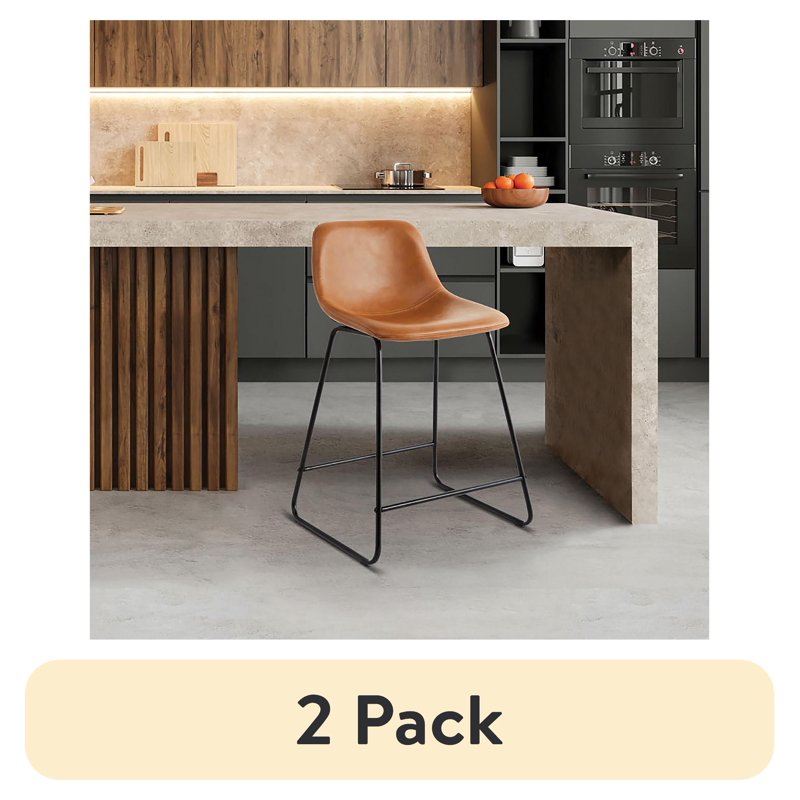 Counter Height Stool - 2 Pack Camel Faux Leather Scoop Seat