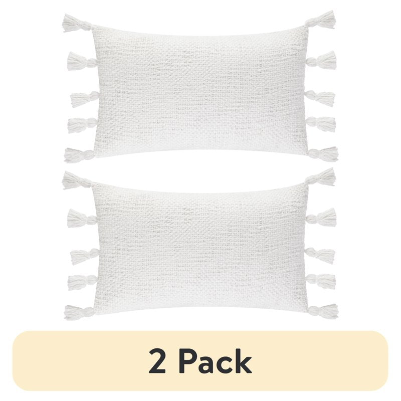White Boucle Oblong Decorative Throw Pillow with Fringe - 14x24in, 2 Pack