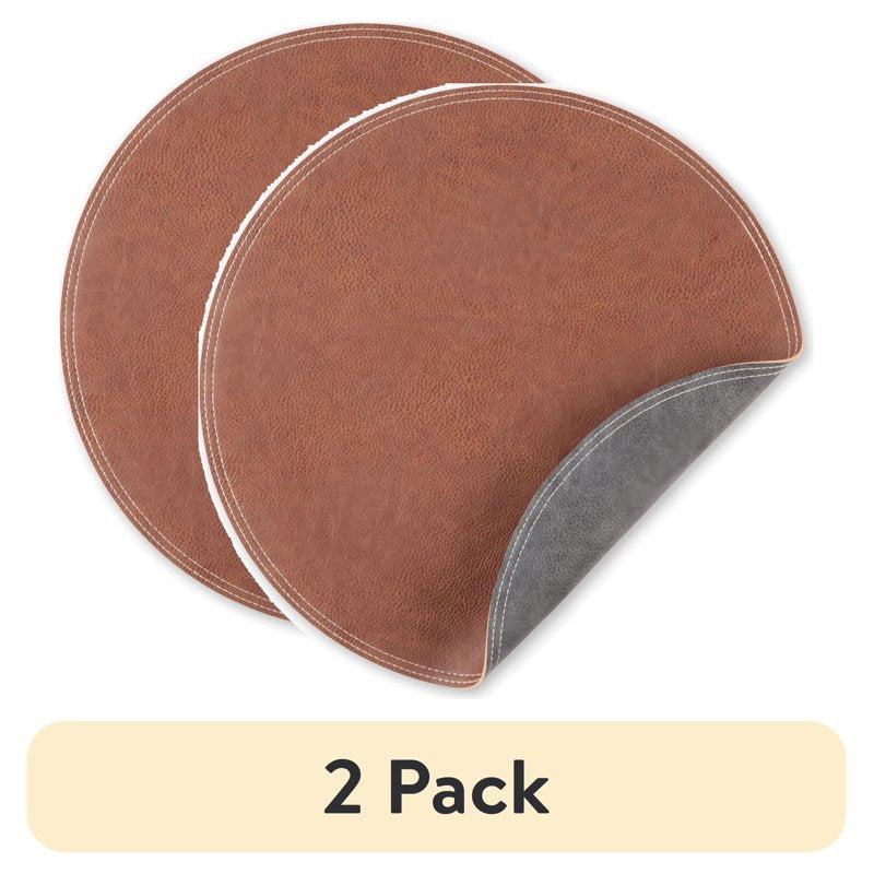 Faux Leather Round Placemat - 15" Brown, 2 Pack
