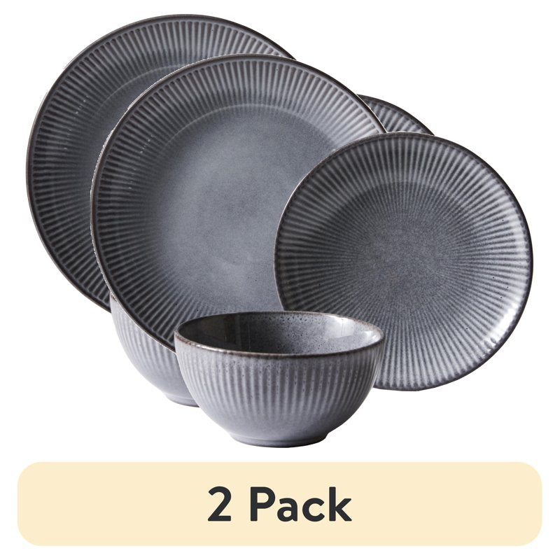 12-Piece Stoneware Dinnerware Set - Grey, 2 Pack