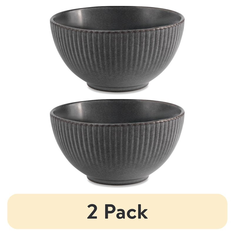 Stoneware Cereal Bowls - 2 Pack, Grey Ribbed Design