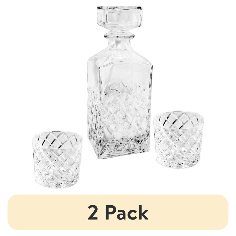 Diamond-Cut Glass Decanter Set with 2 Old Fashioned Glasses - 2 Pack