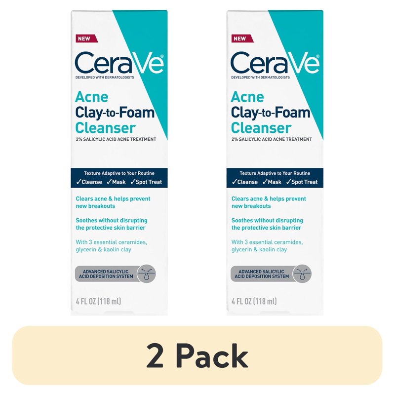 3-in-1 Acne Clay-to-Foam Facial Cleanser with 2% Salicylic Acid, 2-Pack
