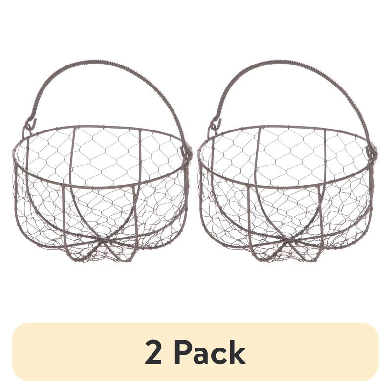 (2 Pack) Mainstays Brown Chicken Wire Storage Basket with Moveable Handle - Small Decorative Organizer