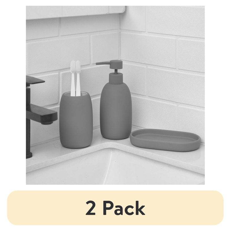 Grey Ceramic Bathroom Accessory Set - Soap Dispenser, Tumbler & Tray, 2 Pack