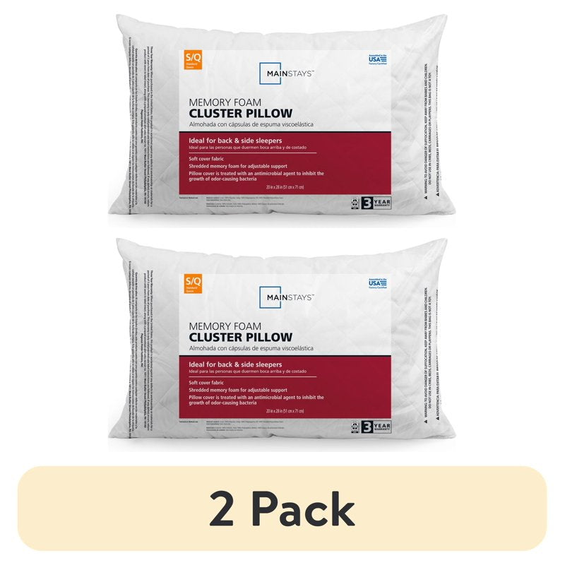 (2 Pack) Memory Foam Cluster Bed Pillows - Standard/Queen Size, Microfiber Cover
