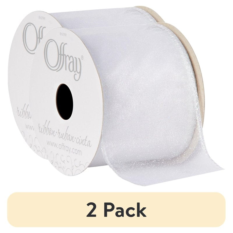 (2 Pack) Offray White 2.5 Inch Wired Edge Sheer Metallic Ribbon - 9 Feet for Weddings & Crafts