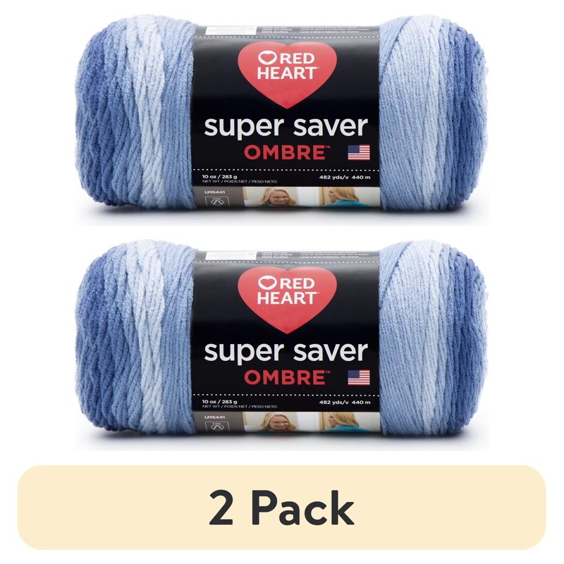 2 Pack Red Heart Super Saver Ombre Acrylic Yarn - Blue Gradient 10oz