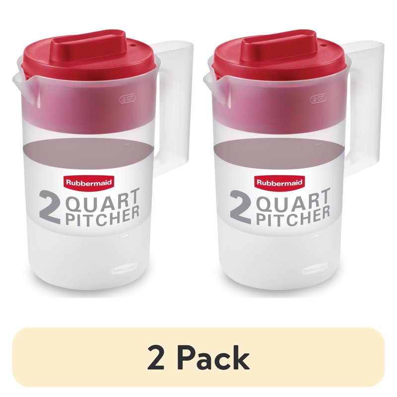 2 Pack Plastic Pitcher - Clear/Red, 2 Quart with Multi-Position Lid