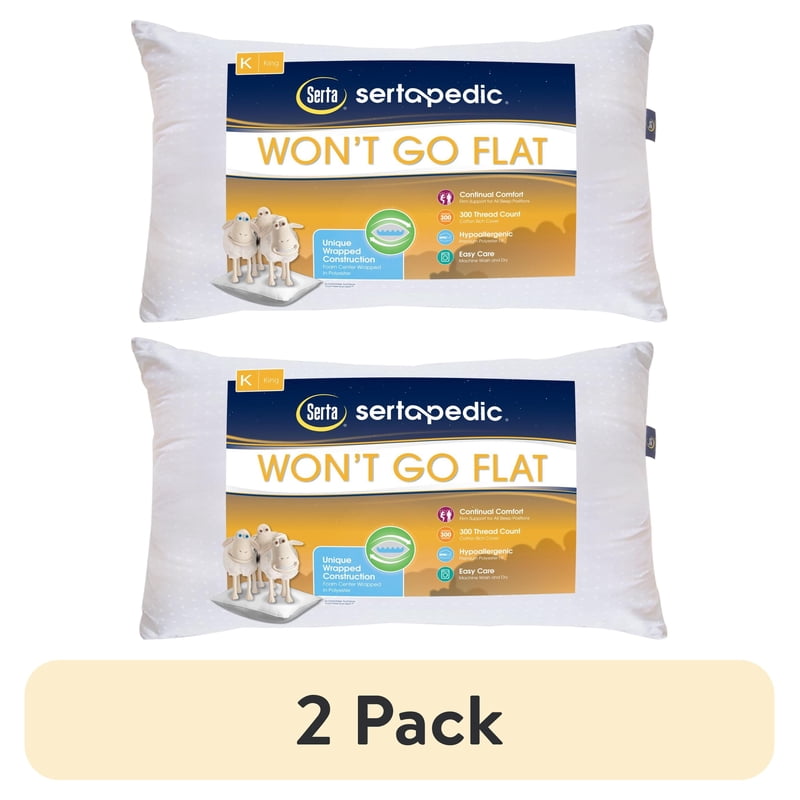 (2 Pack) Serta Pedic Wont Go Flat King Pillow - Supportive Sleep Pillow for Back & Side Sleep