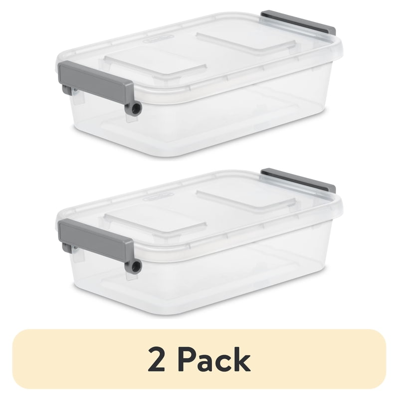 2 Pack Small Latching Storage Bins - 2.7 Quart Clear Plastic Containers with Write-On Labels, Gray