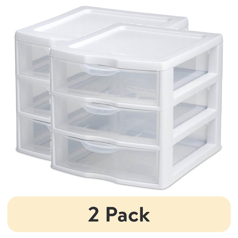(2 Pack) Sterilite Small 3 Drawer Countertop Organizer, Clear Storage for Desks & Shelves – White