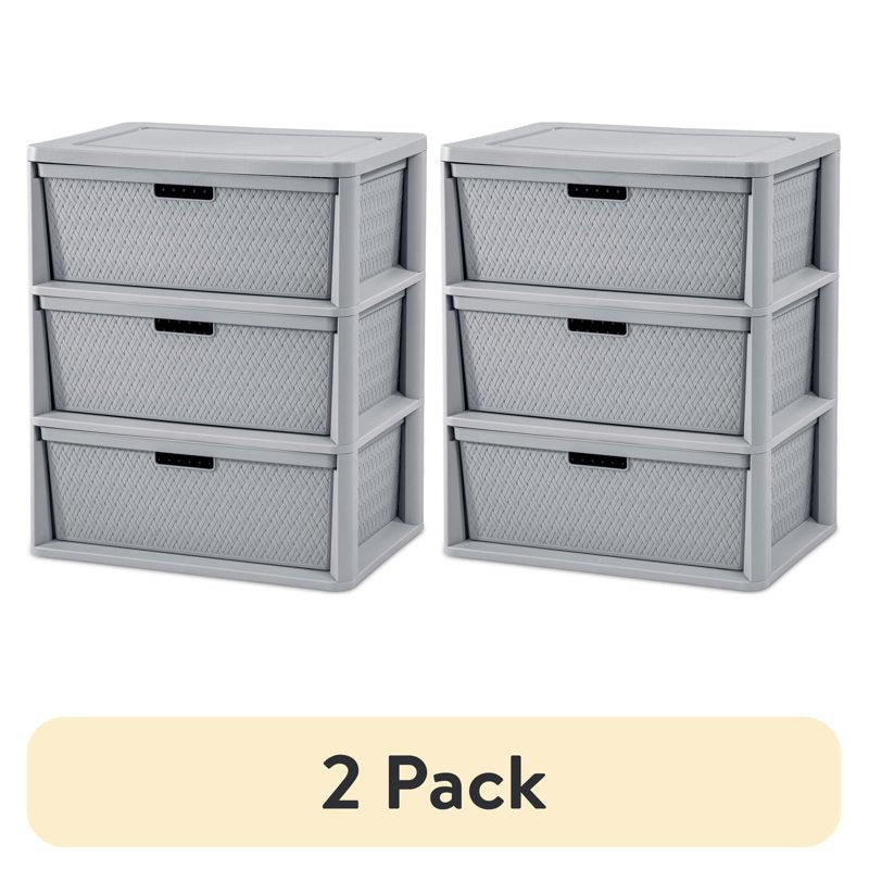 (2 Pack) Sterilite Wide 3 Drawer Storage Tower with Removable Bins - Gray, Space-Saving Organizer