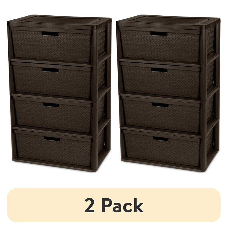 (2 Pack) Sterilite Wide 4 Drawer Storage Tower with Removable Bins - Brown
