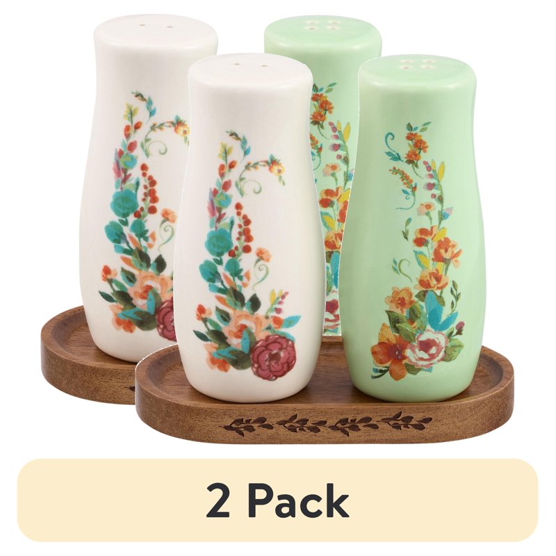 Ceramic Painted Meadow Salt & Pepper Shakers Set with Acacia Wood Tray - 2 Pack
