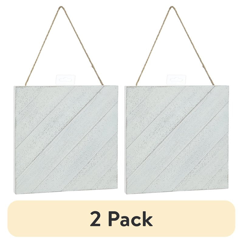 2 Pack Wood Plank Wall Decor 10x10 Inch White Wash Diagonal Plaque with Rope
