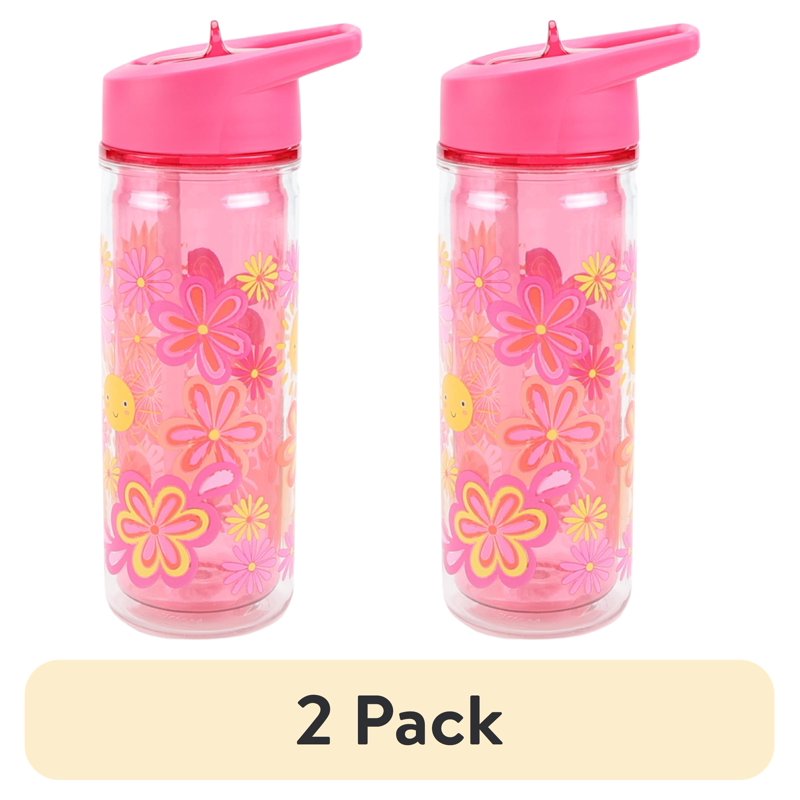14 oz Insulated Plastic Water Bottle with Lid & Straw - 2 Pack, Pink Flower