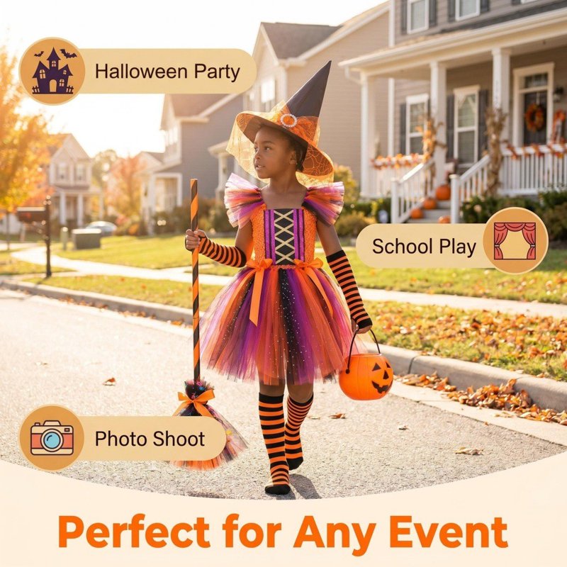 Girls Witch Costume Dress with Accessories - Multicolour, 7-8 Years Halloween Fancy Dress
