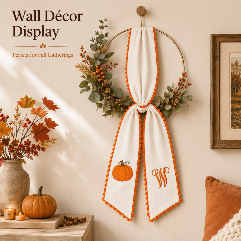 Pumpkin Embroidered Wreath Sash - Fall Orange Scalloped Ribbon for Halloween & Thanksgiving - Variation W