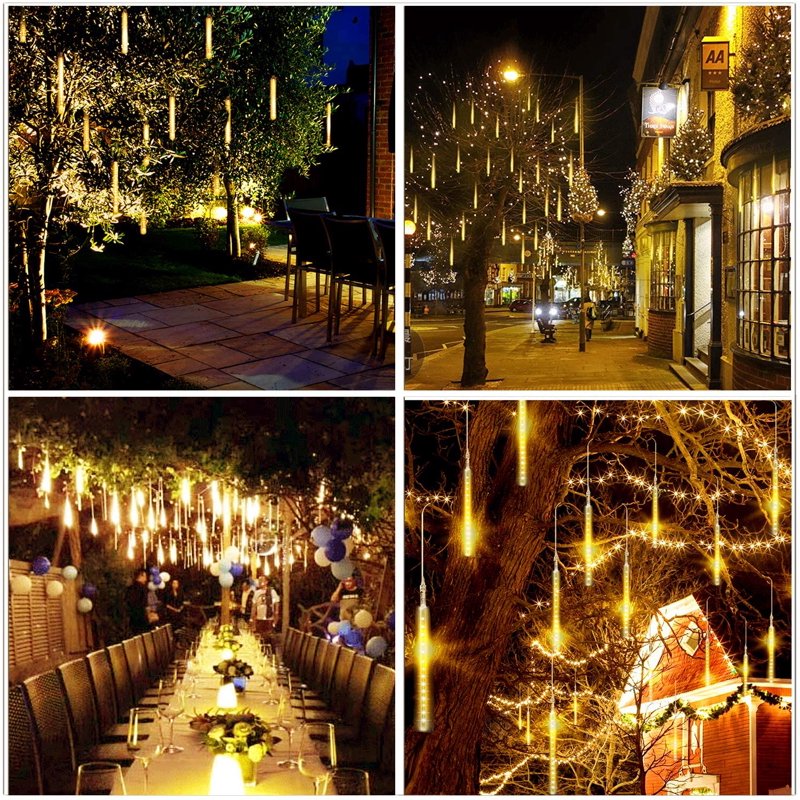 10cm Warm White Falling Rain Fairy String Lights - Waterproof Meteor Shower LED Icicle Cascading Lights for Xmas Wedding Party