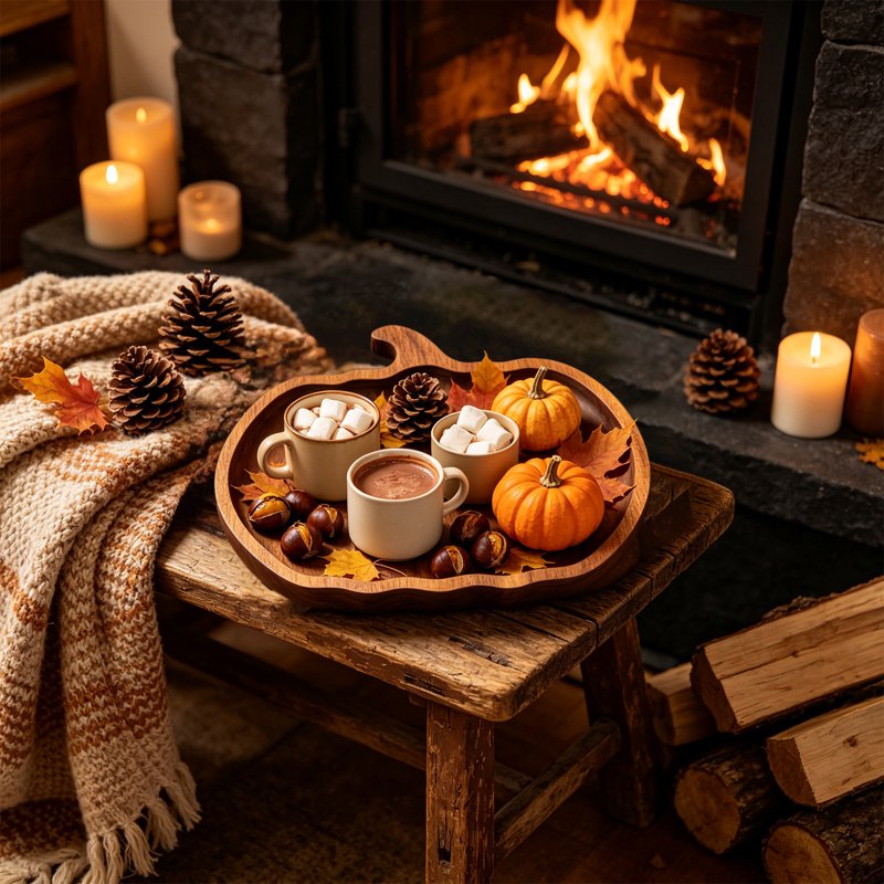 Wood Pumpkin Serving Tray - Rustic Fall Cheese Platter for Thanksgiving & Halloween - Variation C