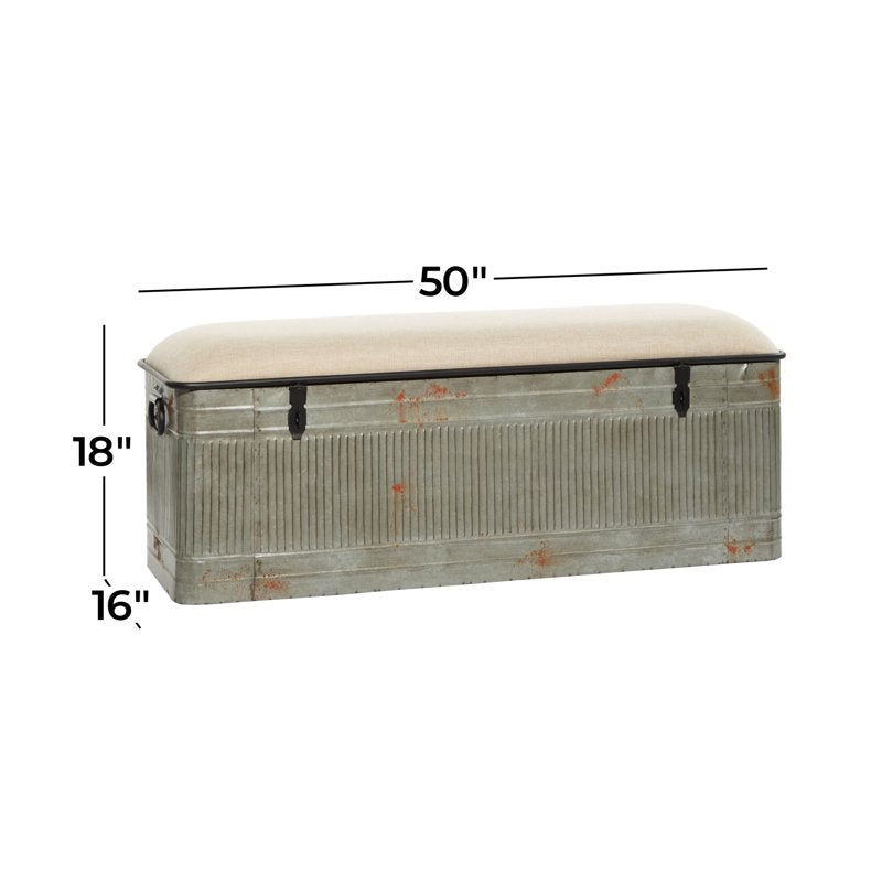 Metal Galvanized Storage Bench with Cream Burlap Top