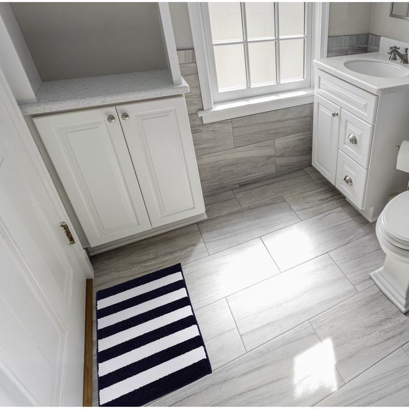 Beach Stripe Washable Bathroom Rug - Navy & White, 21 x 34 Inches - Rectangular