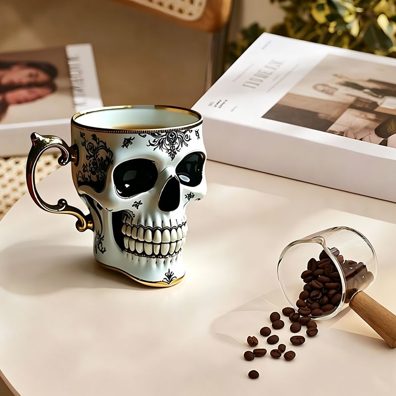 Free Size Gothic Skull Coffee Mug with Gold Trim and Saucer - Halloween Gift for Coffee Lovers