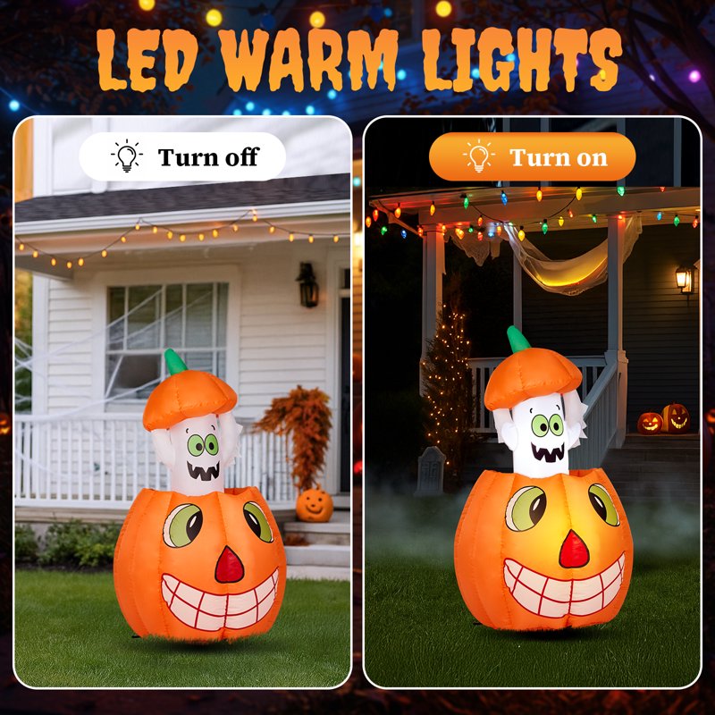 2.8ft Inflatable Halloween Pumpkin Ghost with LED Lights - Outdoor Yard Decor